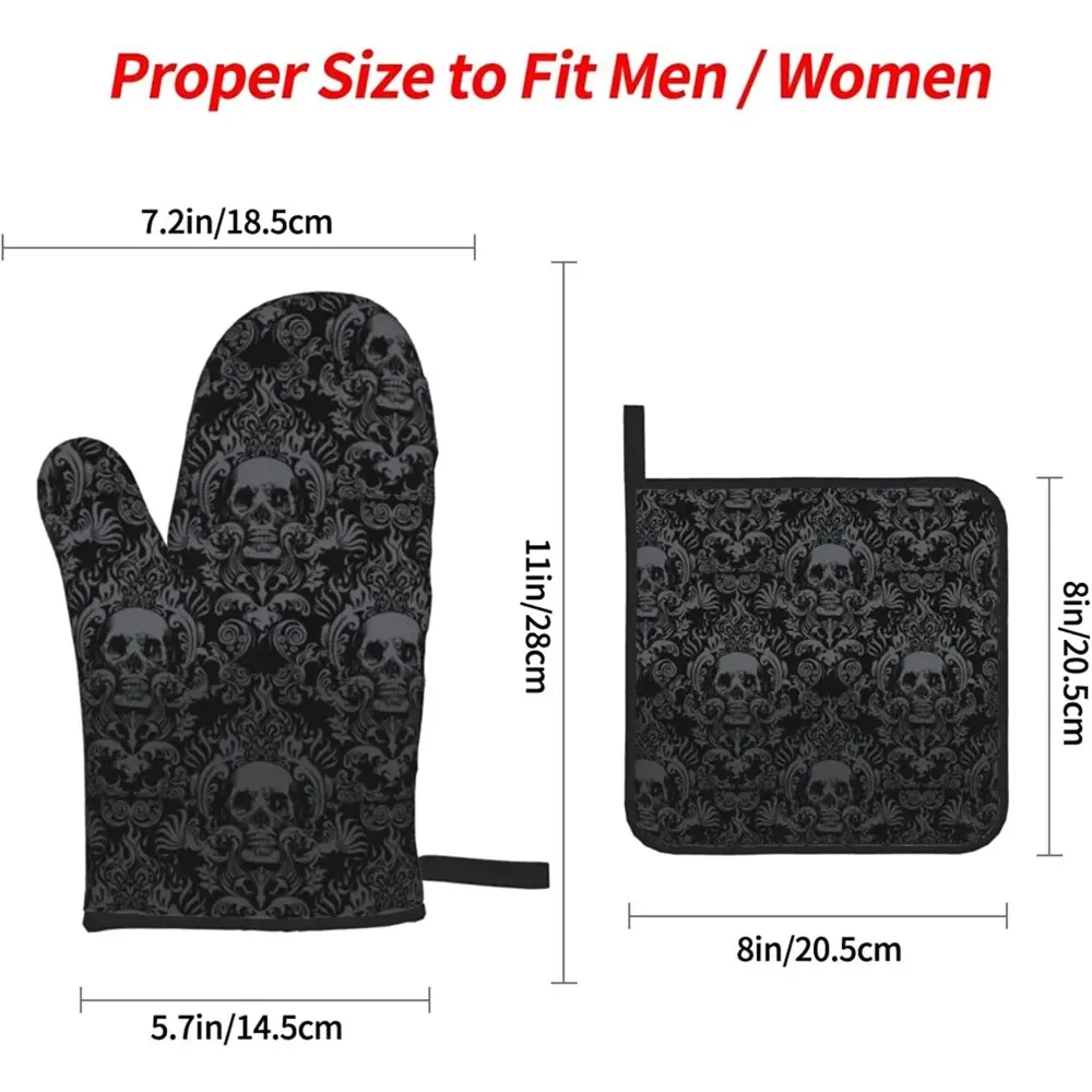Oven Mitts and Pot Holders Sets Gothic Skull Flower 4 High Heat Resistant with Gloves and Hot Pads
