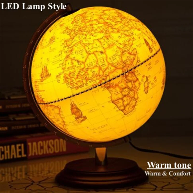 Sphere Diameter 20cm English&Chinese World Globe HD Printed LED Lamp Classical Globe Redwood Base ABS 360&deg; Living Room Crafts