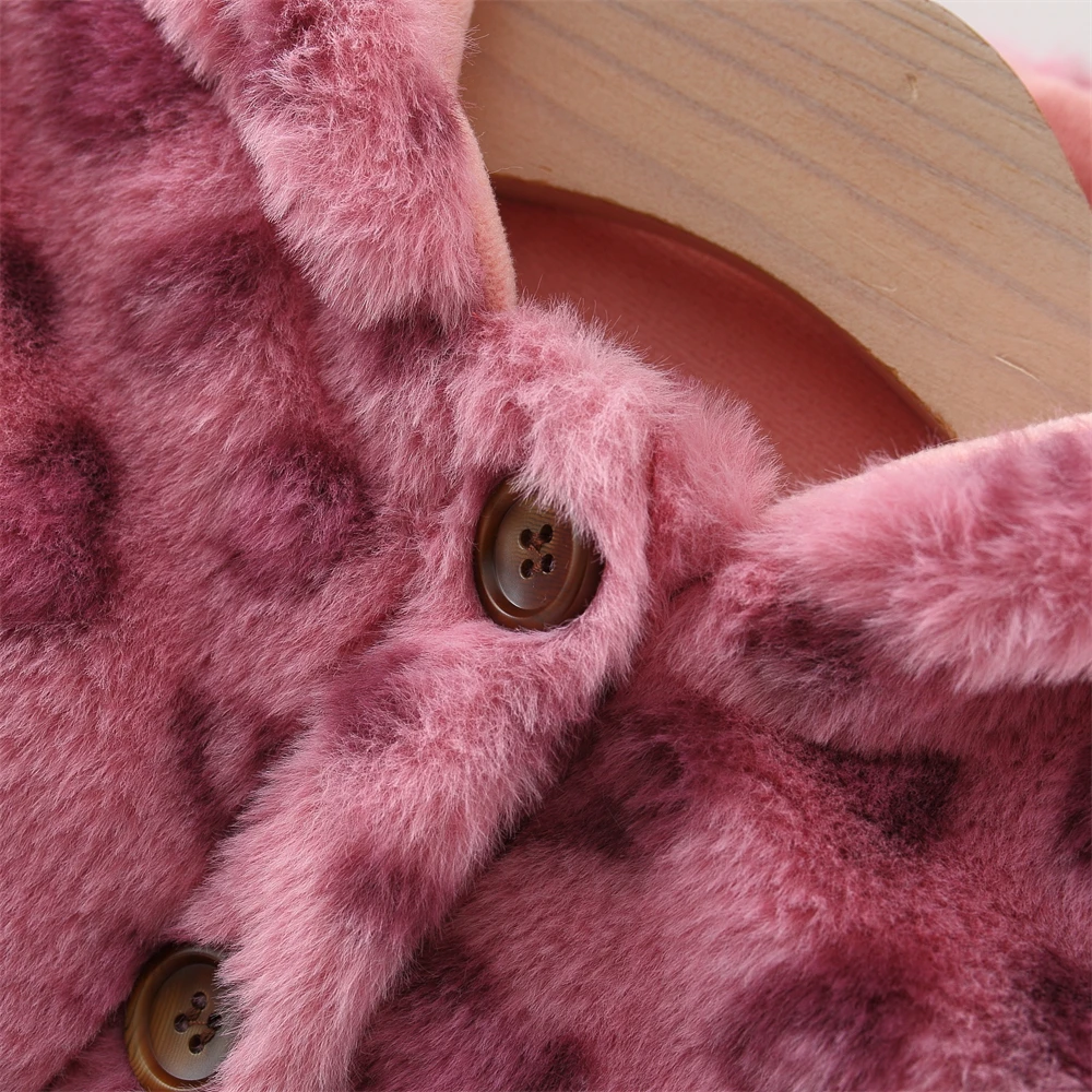 Winter Baby Girl Coat Leopard Print Hooded Single Breasted Jacket Fashionable Warm Cotton Thick Fur Fashionable Top