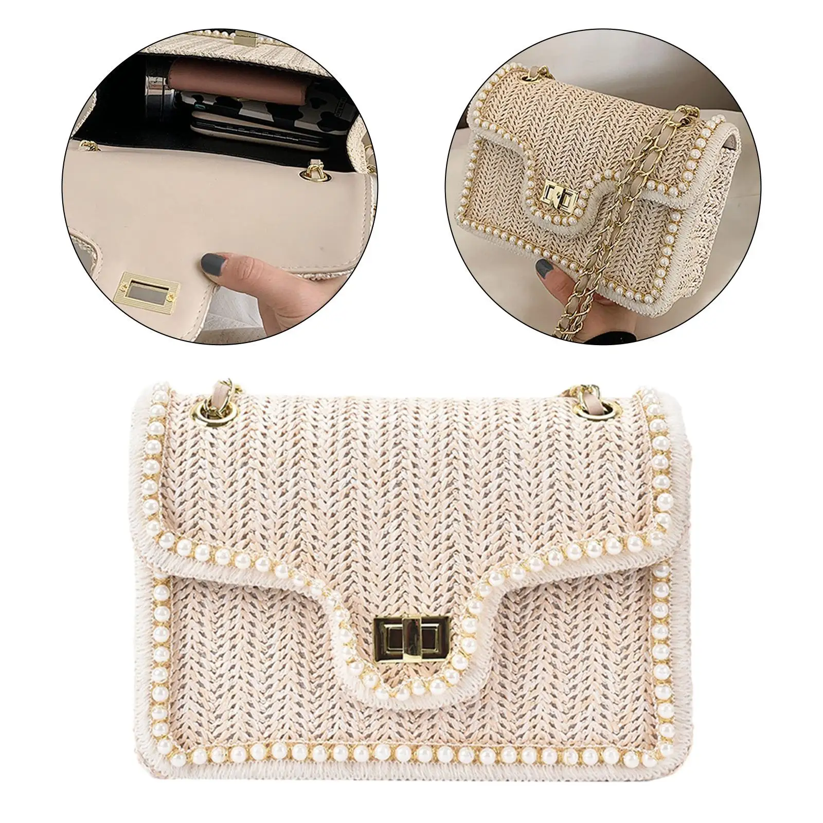 

Small Bags Square Satchel Purse Shoulder Bag Women Pearl Bag Straw Woven Handbag for Holiday Girls Holiday Gifts Laddies