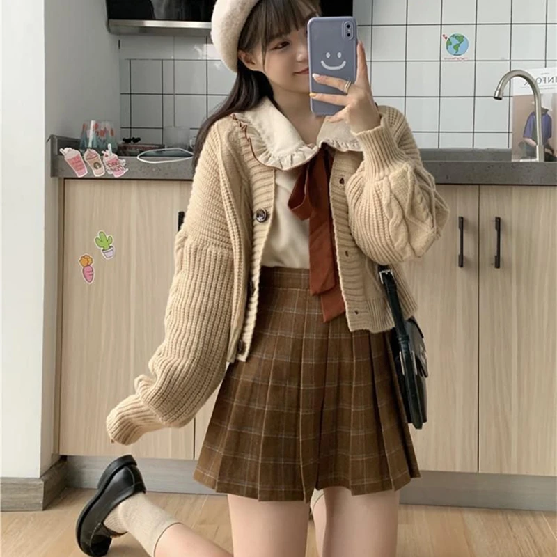 Korean Preppy Style Autumn Winter Clothing Set Women's Sweet Bowknot Collar Shirt Sweater Jacket Plaid Skirts Outfits Female