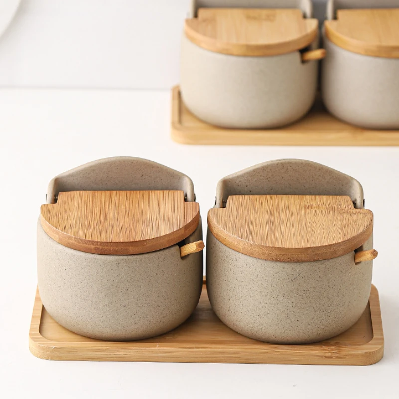Beige Ceramic Seasoning Jar with Bamboo Lid Kitchen Spice Container Household Salt and Sugar Bowl Set Seasoning Storage Box 6