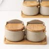 Beige Ceramic Seasoning Jar with Bamboo Lid Kitchen Spice Container Household Salt and Sugar Bowl Set Seasoning Storage Box 6