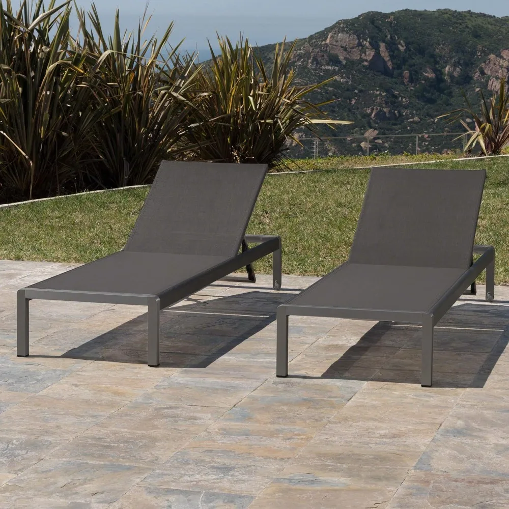 

Outdoor Aluminum Chaise Lounges with Mesh Seat, 2-Pcs Set, Beach Chairs，Grey / Dark Grey