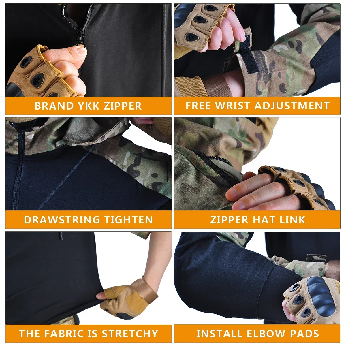 Outdoor Hiking Shirts Camo Combat T-Shirt Hooded Men Tactical Shirt Airsoft Paintball Training Hunting Clothes Wear-resisting 4