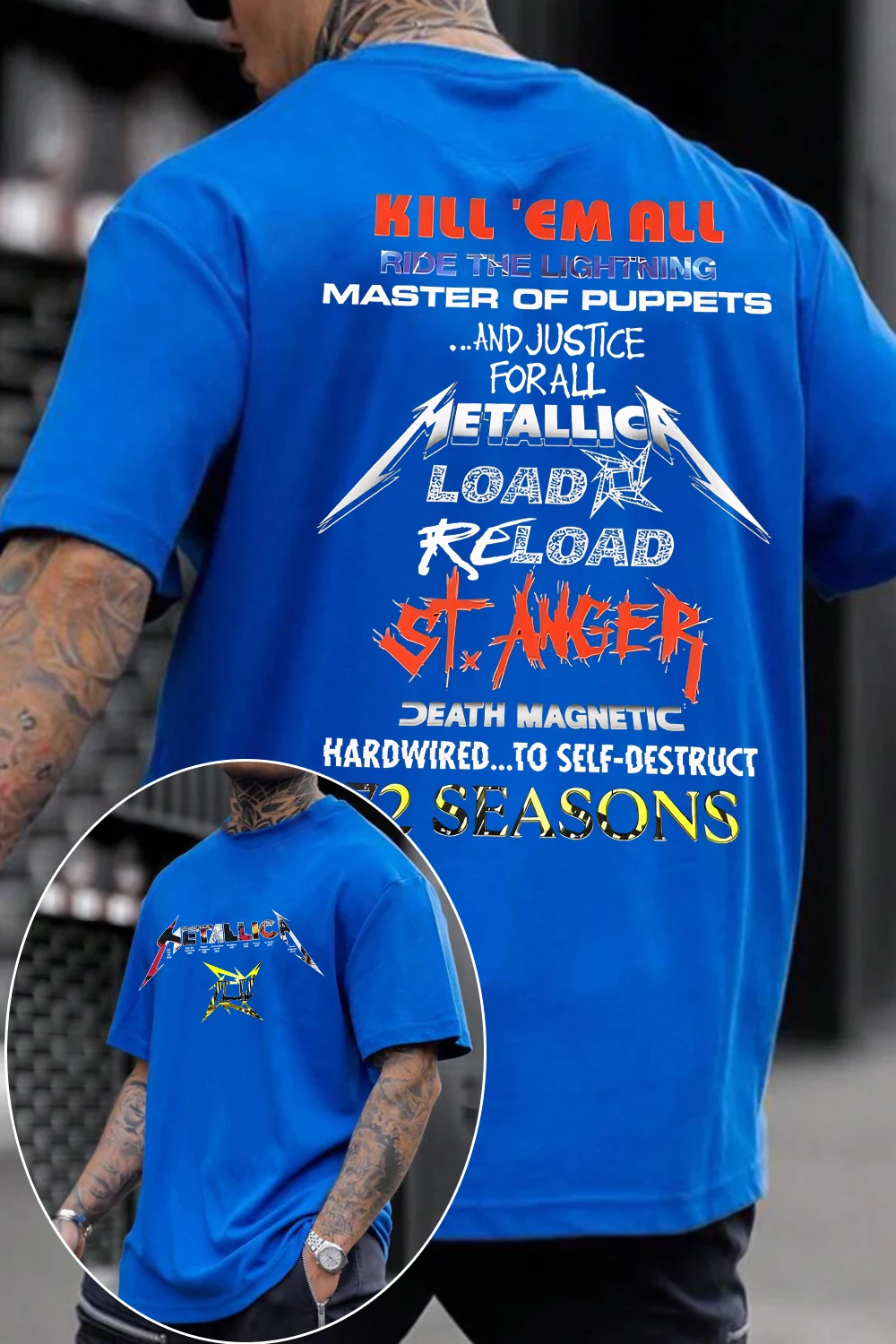 Text Blue Metallica Rockband T-Shirt Baumwolle Grafik-Shirt Herren Damen Sommer Streetwear Top