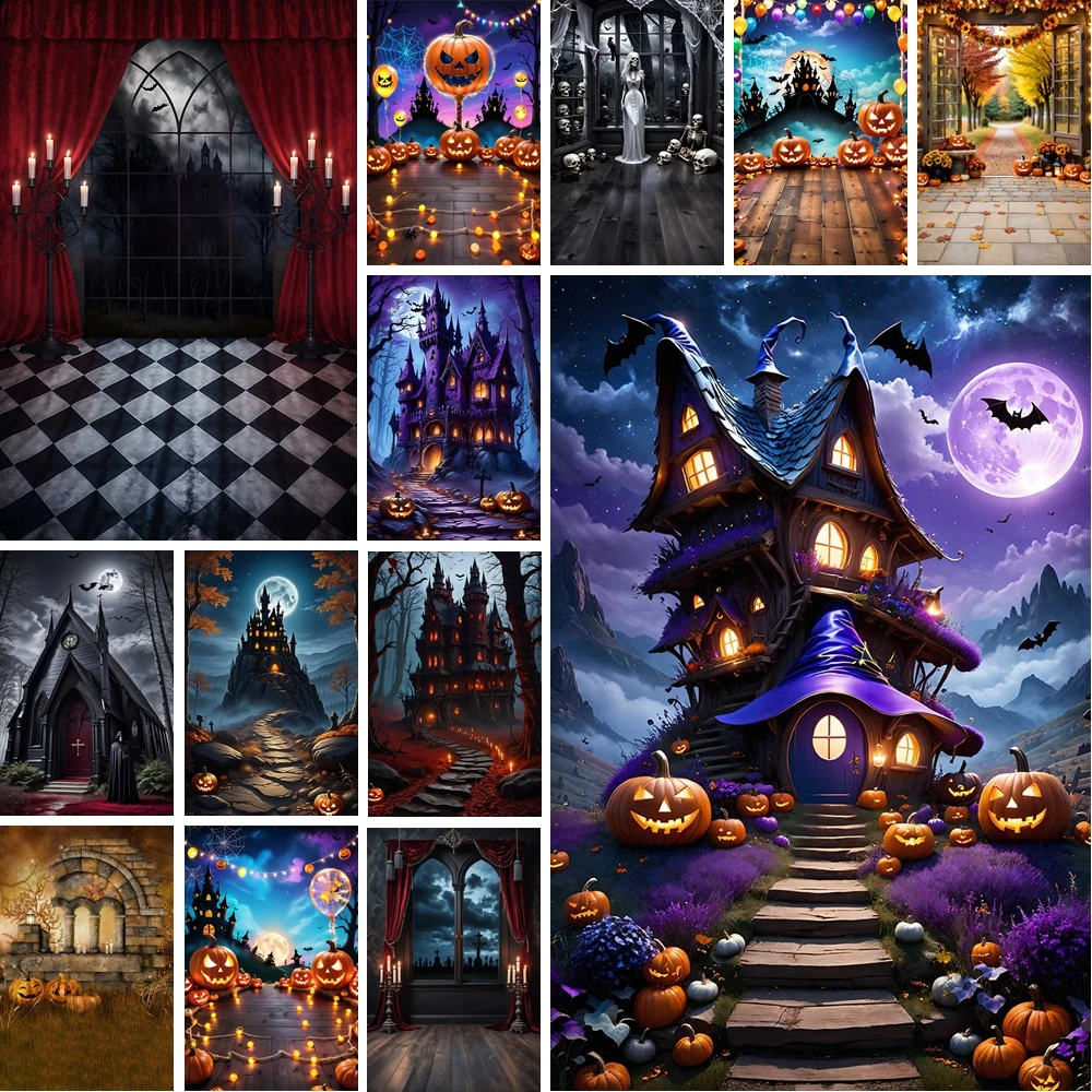 MOON.QG Happy Halloween Castle Photography Background Palace Pumpkin Lantern Moon Party Decor Backdrop Children Stud