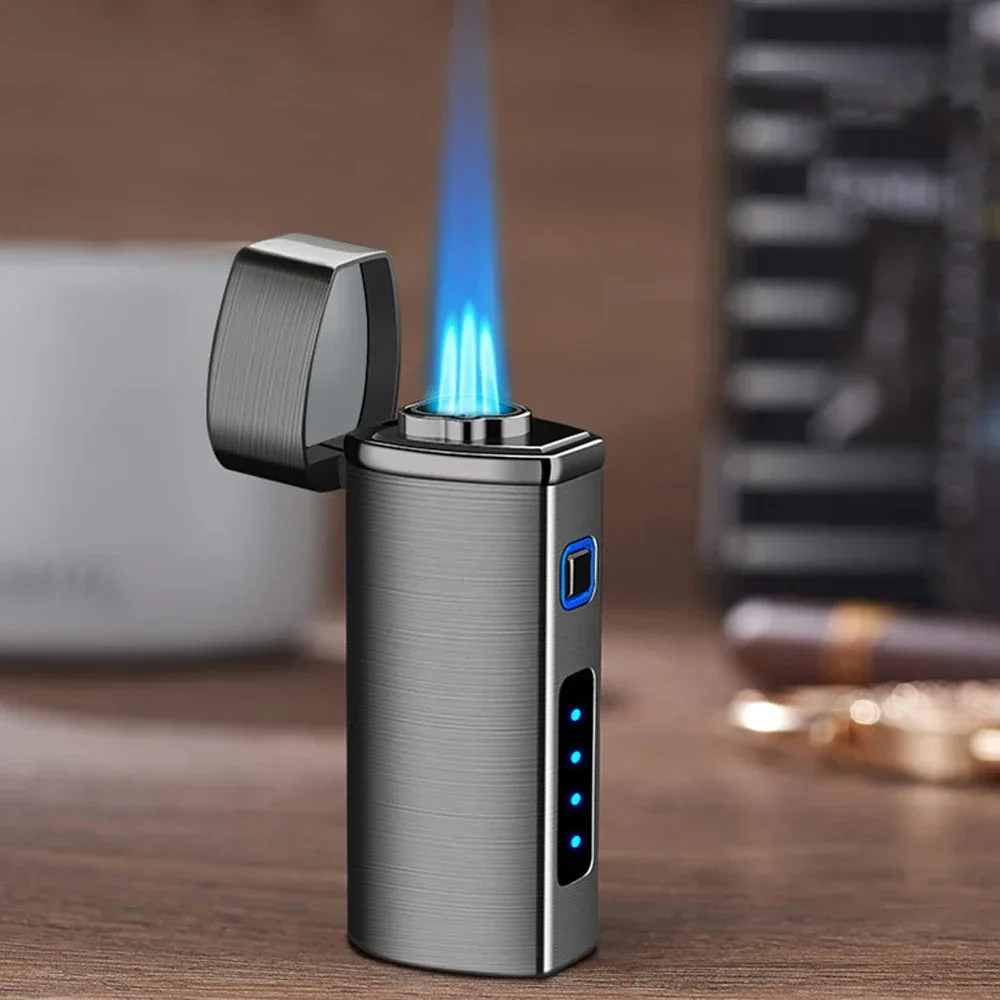 New 2025 touch sensitive metal outdoor windproof Type-C rechargeable portable turbo three torch blue flame jet gas lighter