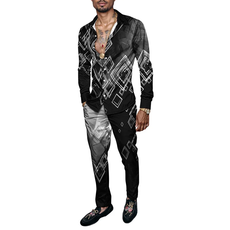 2025 Trendy Men Shirt Set Geometry Print Summer Fashion Simple Two Piece Set Mens Gradient Lightweight Party Long Sleeves Suit_voghion.com