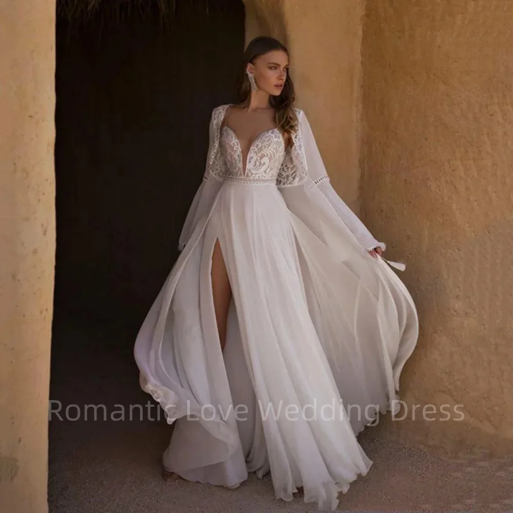 

Bohemian Spaghetti Straps Wedding Dress With Cape Side Split Beach A-Line Lace Applique Chiffon Backless Bride Gown Customized