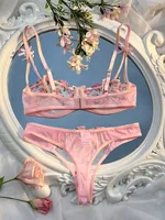 Lingerie Sexy en dentelle transparente pour femmes, sous-vêtements érotiques, ensemble soutien-gorge et culotte, vêtements de nuit, costume brodé Floral 2