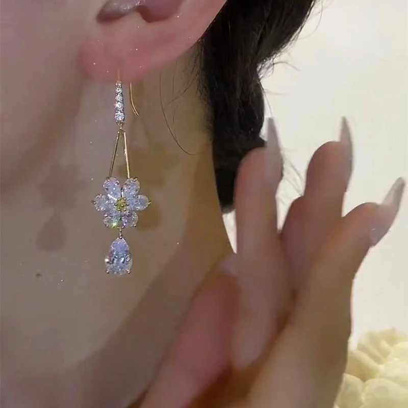 Dangle Earrings Drop Earrings Flower Earrings Pendant Earrings Long Earrings Dome Teardrop Earrings Zircon Flower Drop Shape Pendant Gold Color Earrings for Women