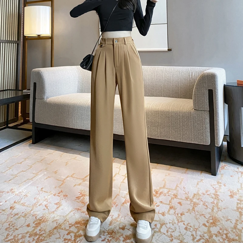

2023 Spring Autumn Pleated Women Wide Leg Pants Casual High Waist Woman Suits Pants Office Ladies Straight Long Trousers Loose