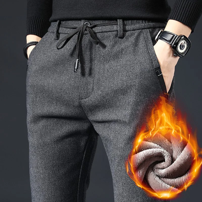 

Брюки мужские утепленные с флисовой подкладкой, модные уличные спортивные штаны с эластичным поясом, модные облегающие серые Костюмные брюки, черные, Осень-зима