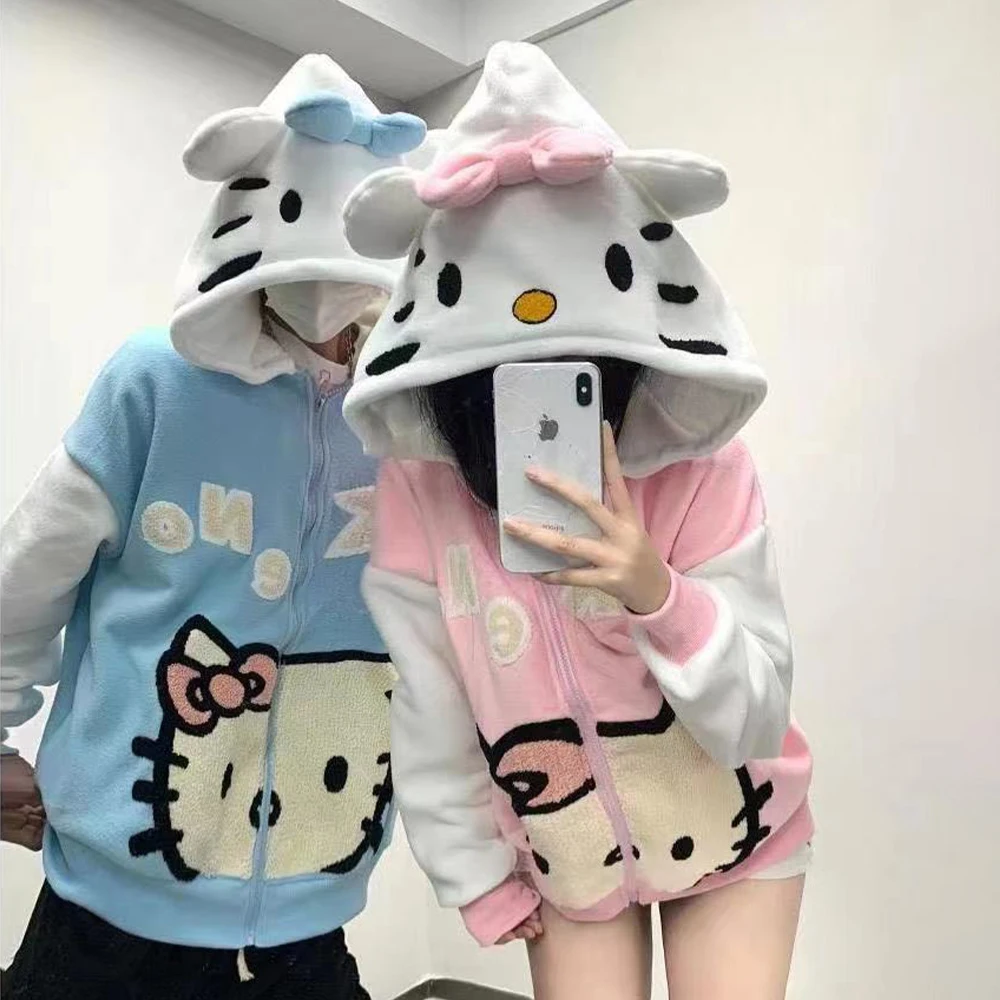 

Sanrio Hello Kitty Stuff Women's Hooded Sweatshirt Anime Thickened Warm Long Sleeve Jacket Autumn Winter Girly Loose Casual Coat