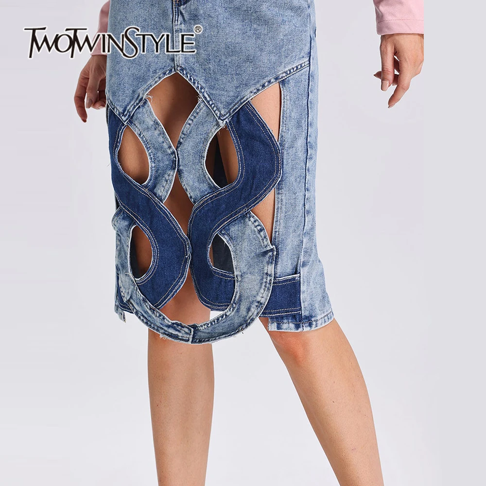 Women's Fashion Irregular Hollow-out Stitching Denim Long Skirts