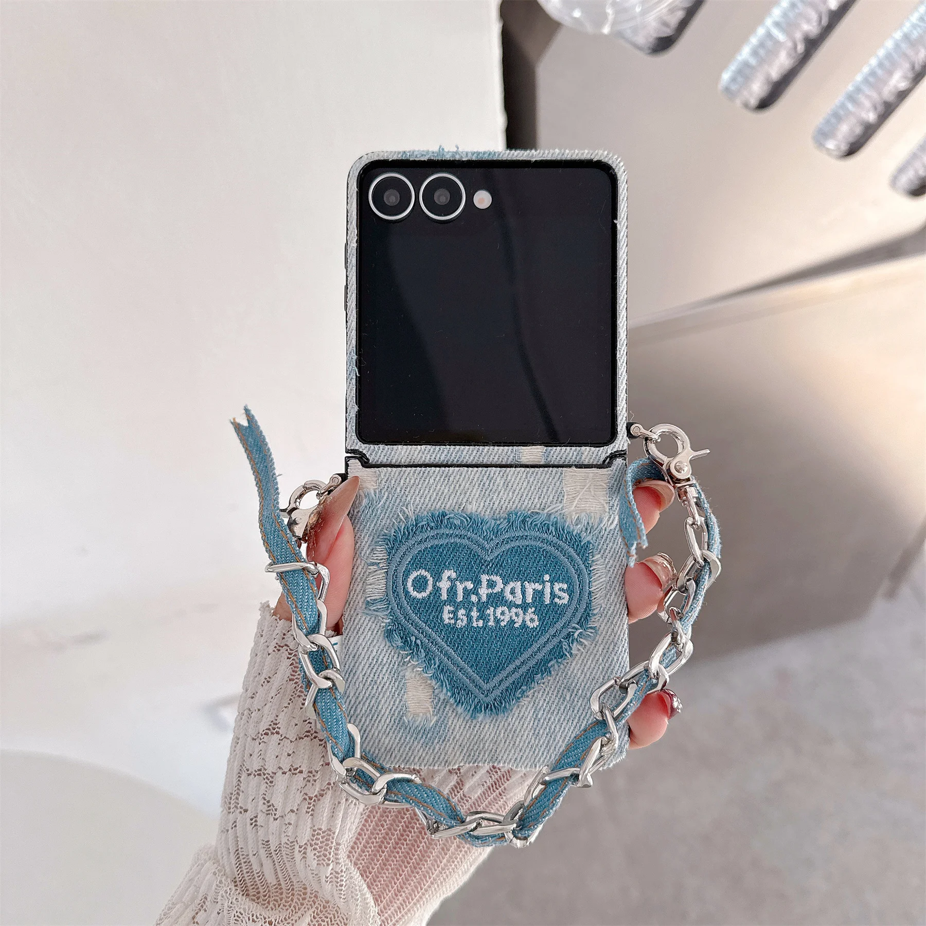 Korean Y2K Denim Heart Phone Case with Portable Chain in Blue