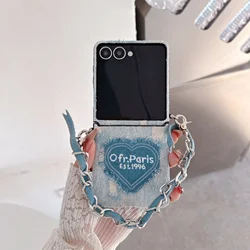 Korean Y2K Denim Heart Phone Case with Portable Chain in Blue - Z Flip 8 (A)