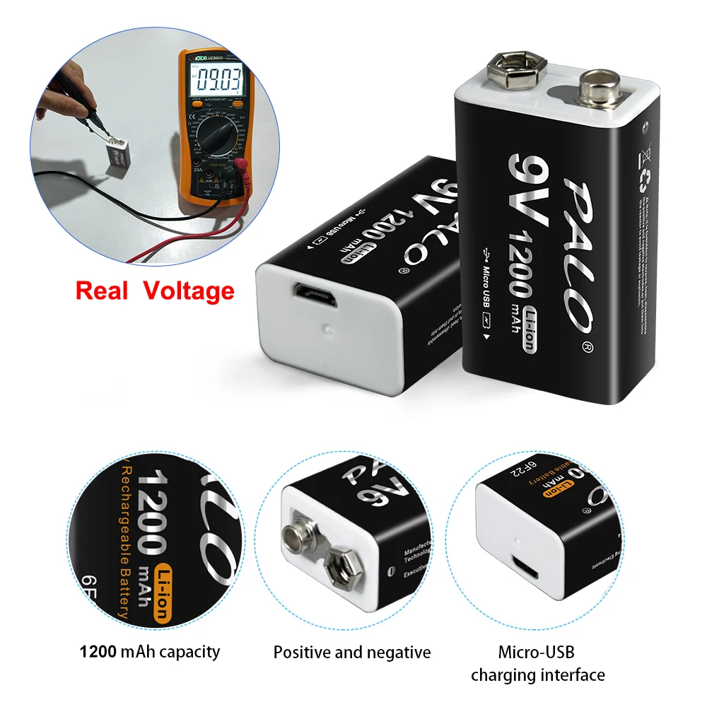 PALO 9V Rechargeable Battery 1200mAh 6F22 Micro USB 9v Li-ion Lithium Batteries for Multimeter Microphone Toy Remote Control KTV — view 5