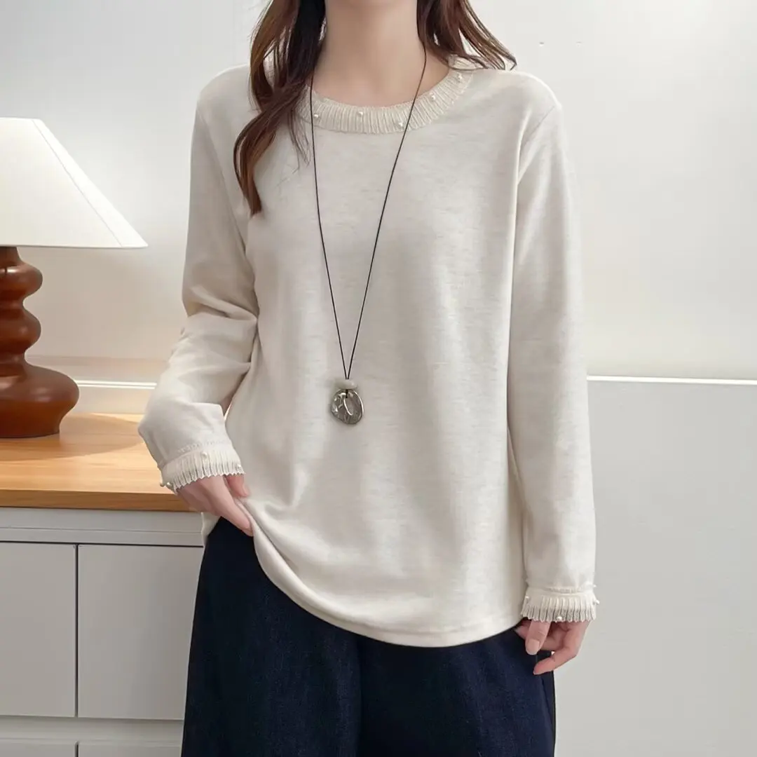 XXXXL Fashion Plus Size Women's T-Shirt 2025 autumn/winter Stylish Beaded Collar Fleece Long Sleeved Base Top 2581