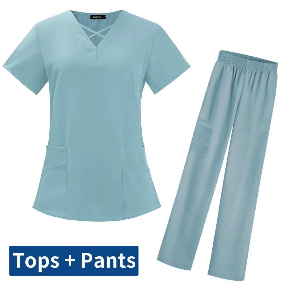 Classic V-neck Tops and Pants Scrubs Set Women Short Sleeved Nursing Uniform Pet Doctor Work Clothing Surgery Workwear