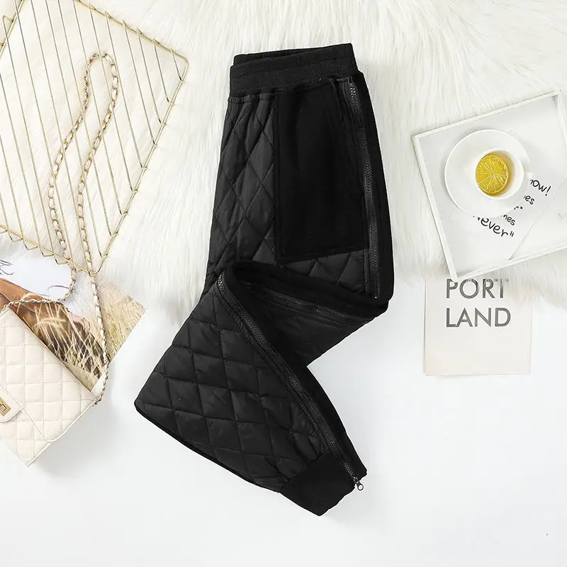 Mom's Winter New High Waist Haren Pants Commuter Fashion Zipper Splicing Fleece and Warm Comfortable Versatile Down Cotton Pants