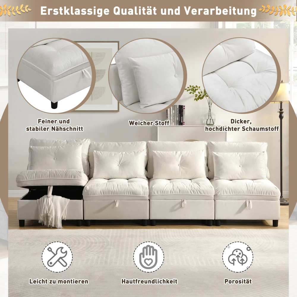 Modulares, trennbares 4-Sitzer-Sofa-Set – multifunktionales Schlafsofa, frei kombinierbar, Chenille-Bezug mit vollständiger Sitzkissen-Aufbewahrung – Detail 31