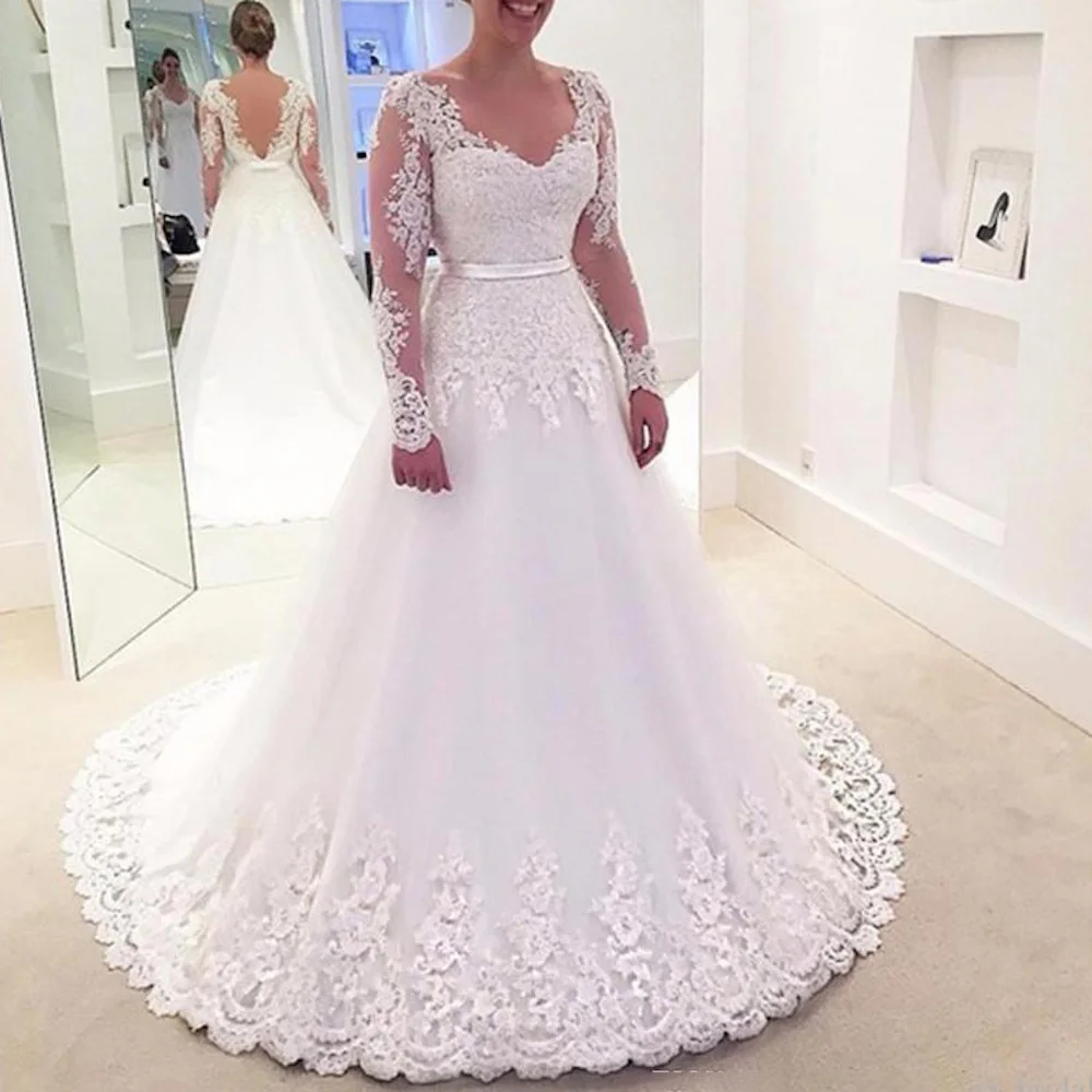 

Women's Wedding dress long sleeve Lace beading princess Wedding Dress plus size bride dress robe de mariee