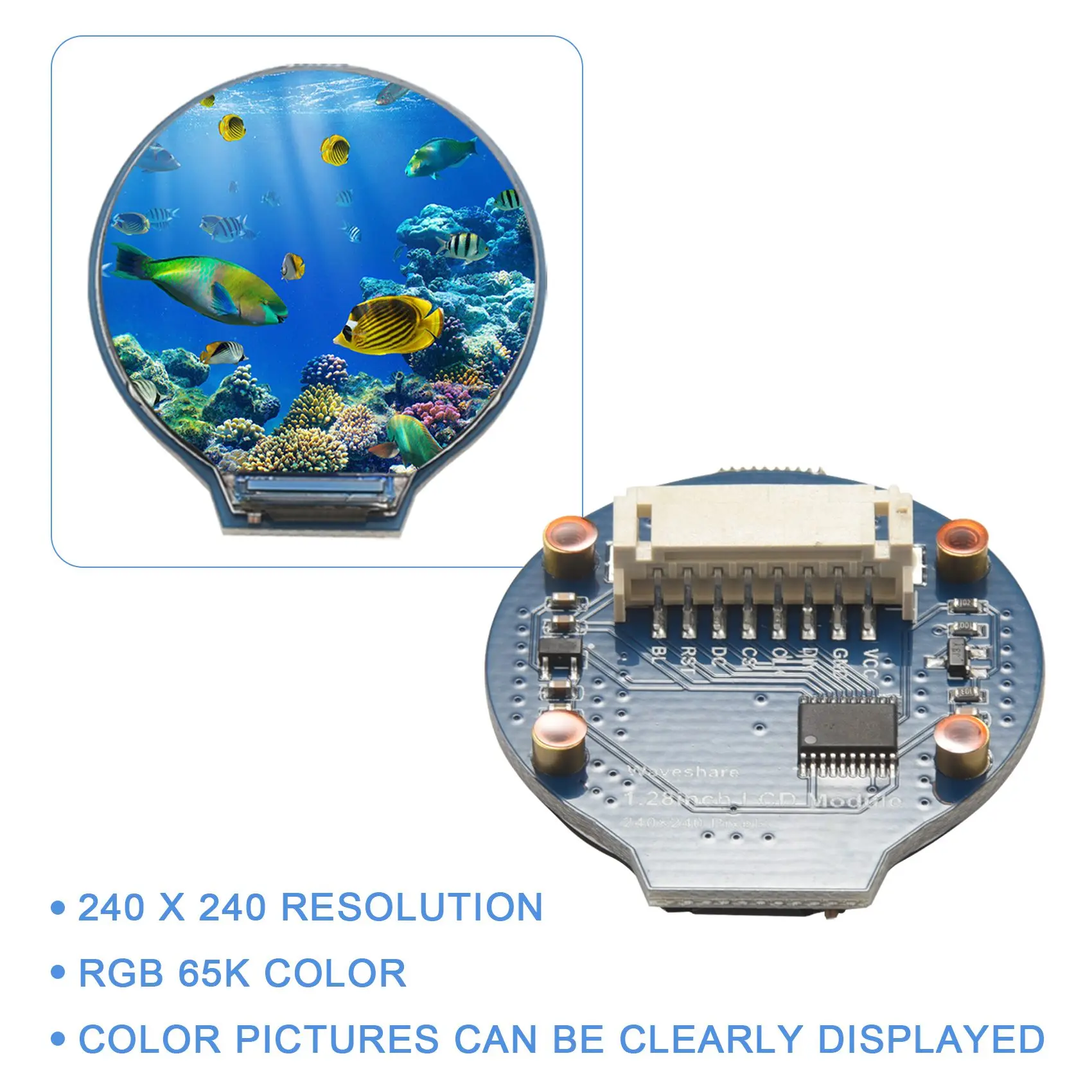 Módulo de pantalla LCD redonda de 1,28 pulgadas, GC9A01, comunicación SPI, RGB 65K, soporte de Color para Raspberry