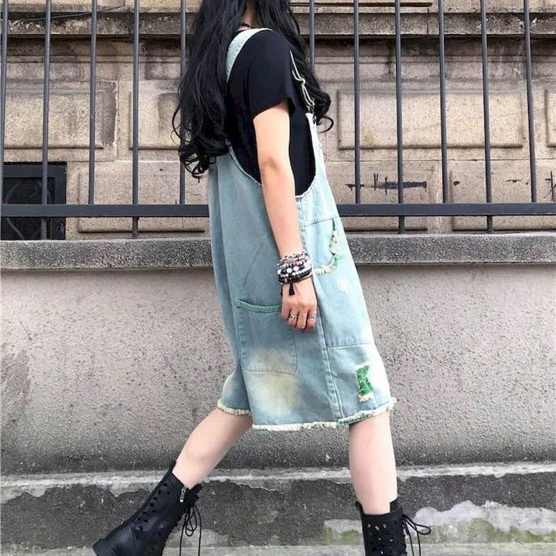 Denim Jumpsuit Women Oversized Loose Shorts Casual One Piece Outfit Women Playsuits Overall for Women Five-point Wide Leg Pants