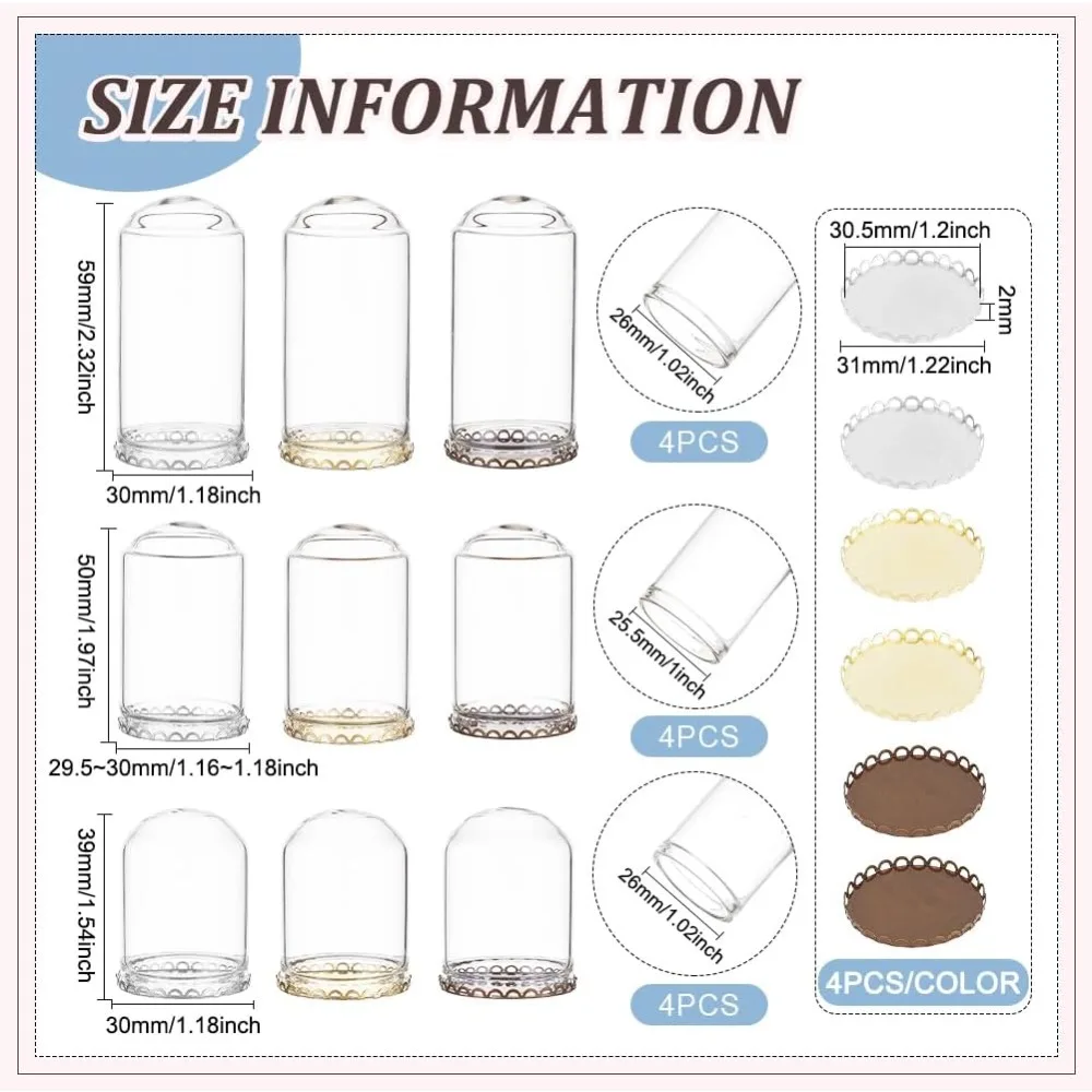 12Sets Mini Clear Glass Cloche Dome 1.5/2/2.3Inch Glass Display Cloche Dome with 3 Colors Metal Base Bell Jar for Candles