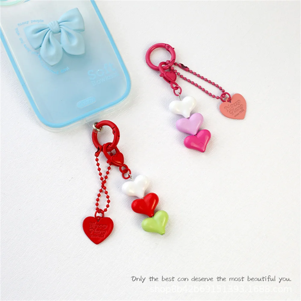 Sweet Stacked Love Heart Keychain for Girls Earphone Case Pendant Backpack Accessories DIY Friendship Keyring Gifts