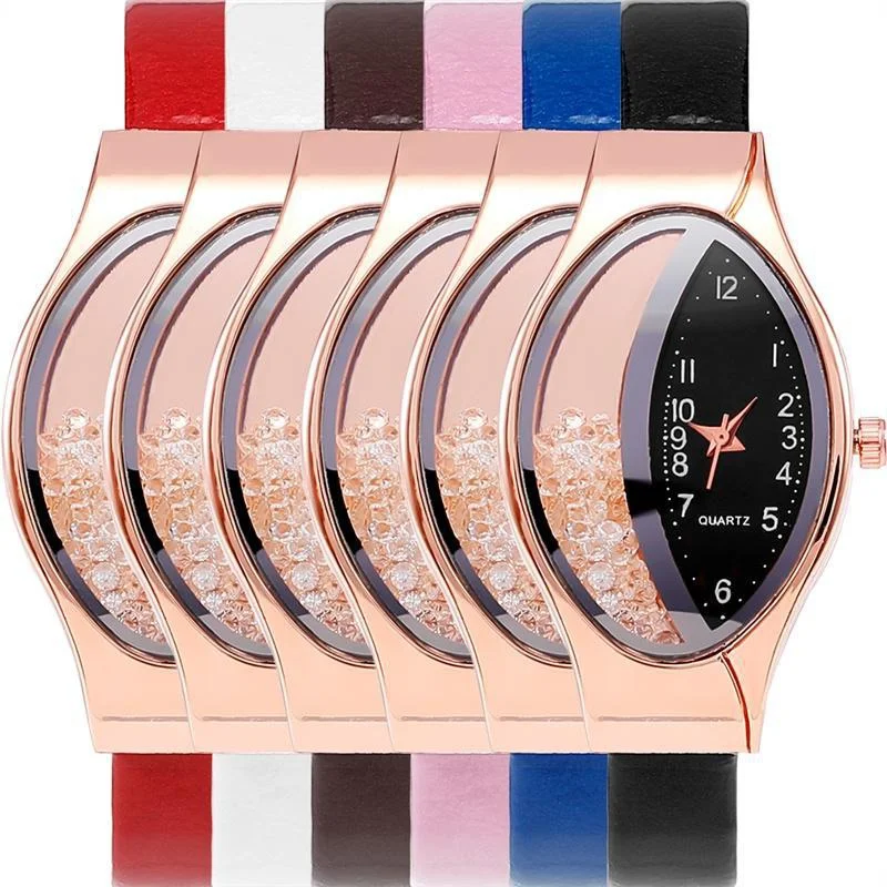 Elegant Women Crystal Oval Dial Quartz Wrist Watches Lady Leather Strap  Casual Watch Gift 2