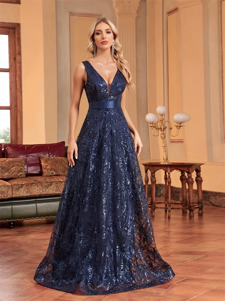 Alma Tubo Escote En V Lentejuelas Largo Vestido Azul Marino