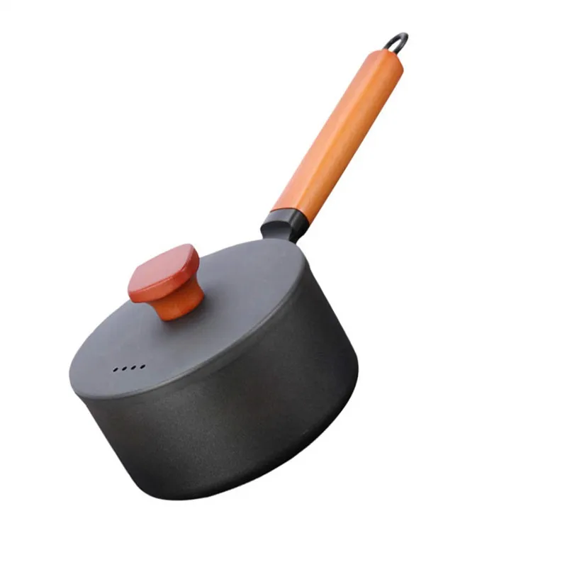 

Cast Iron Milk Pan 16cm Non-Stick Sauce Pot With Wooden Handle Saucepan For Make Complementary Food Noodle Soup Kitchen Cookware