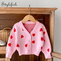 Autumn New 0-3-Year-Old Baby Girl Baby Clothing Pink Heart-Shaped Large V-Neck Knitted Jacket Cardigan Cute Sweater 1