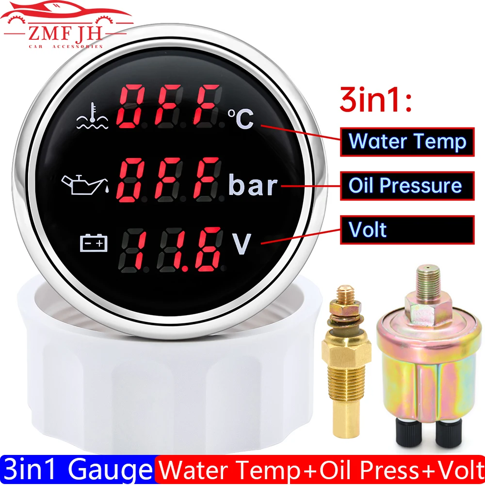 Automobile gauge 3 in 1 Digital 52mm Gauge Alarm 0~120℃ Water Temperature Gauge Oil Pressure Meter Voltmeter 0-10 Bar Oil Press Sensor