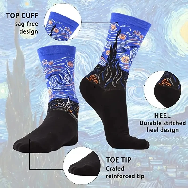 Oil Painting Socks 1 Pair Women Retro Abstract Oil Painting Art Sock Shout Modern Van Gogh Starry Night Happy Oil Painting Comfort Skateboard Socks