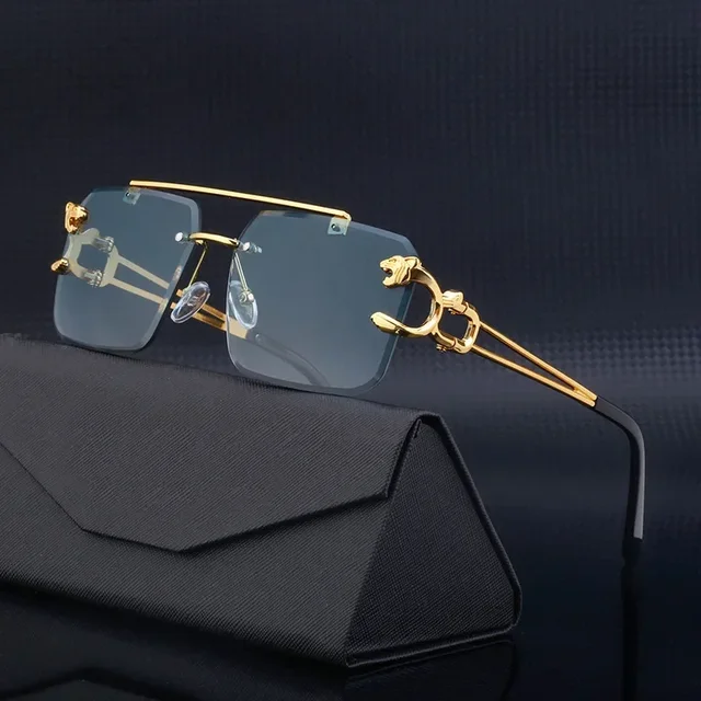 New Vintage Frameless Trimmed Metal Sunglasses for Men and Women Steampunk Personalized Gold Tiger Head Sunglasses Cross border 1