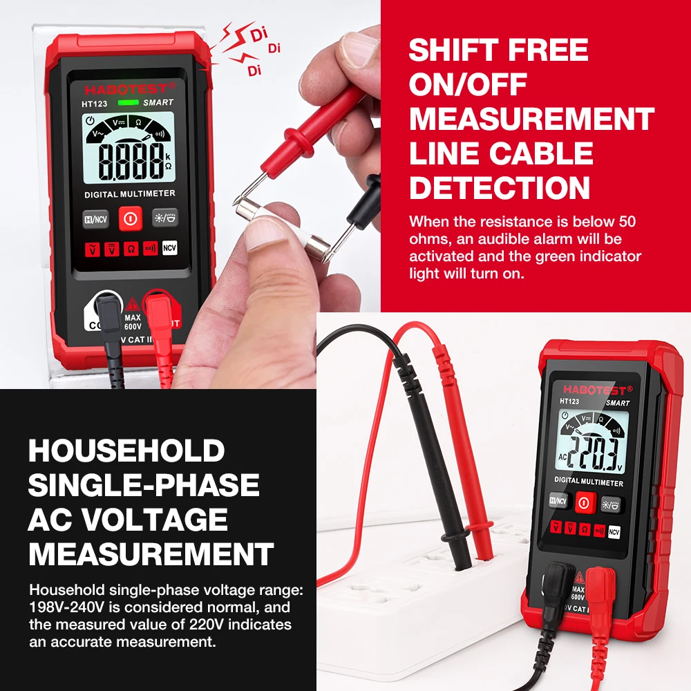 HABOTEST HT123 Digital Multimeter AC DC NCV Smart Multimeter Tester Ohm Voltage Meter Auto Range Profesional Electrician Tester 3