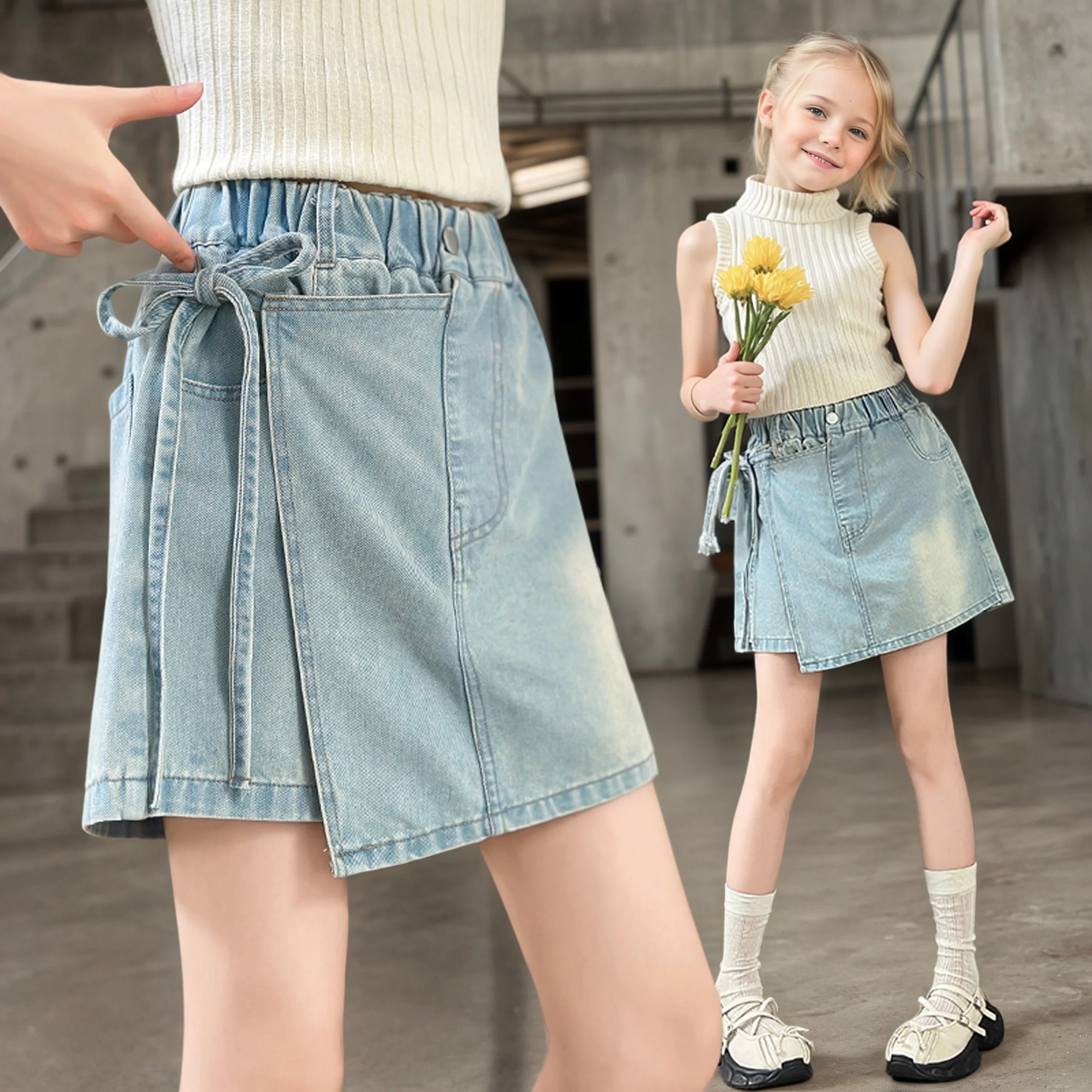 Kids shorts girls summer denim skirt shorts tether decoration casual sports 5-15 years old