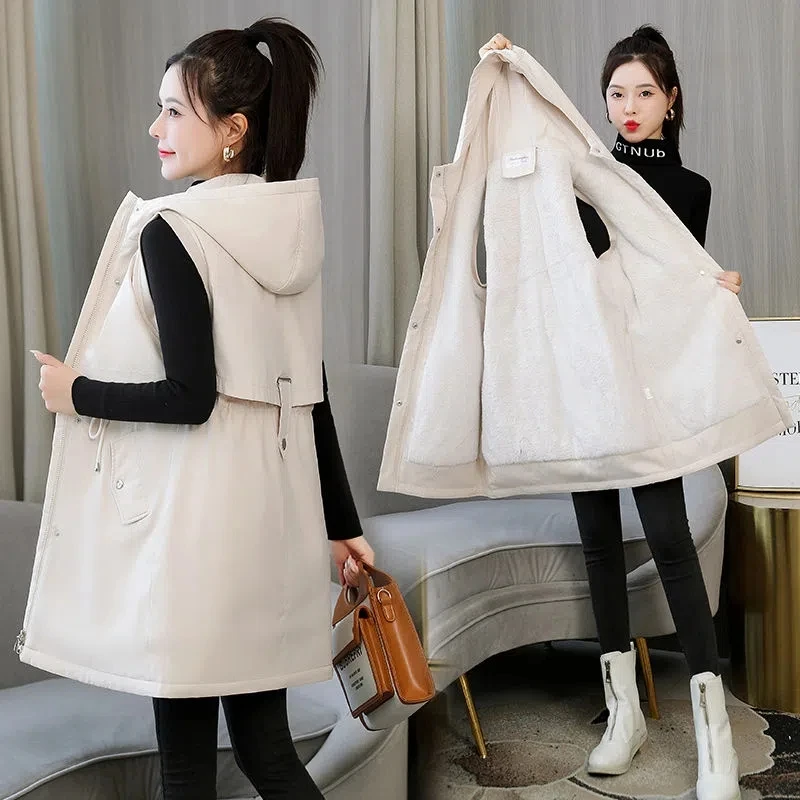 

Autumn Winter Sleeveless Hooded Vest Jacket Women Slim Long Vests Overcoat Female Cotton Padded Waistcoat Parkas 5XL