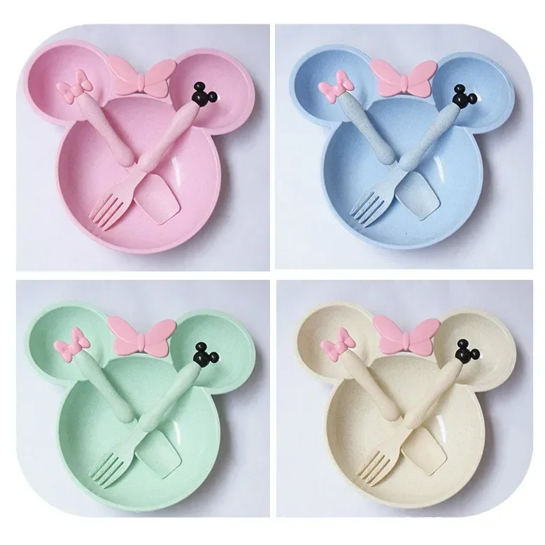 Baby Feeding Set 3pcs Wheat Straw Baby Cartoon Tableware Children's Dishes Kids Dinner Plates Bowl Spoon Fork