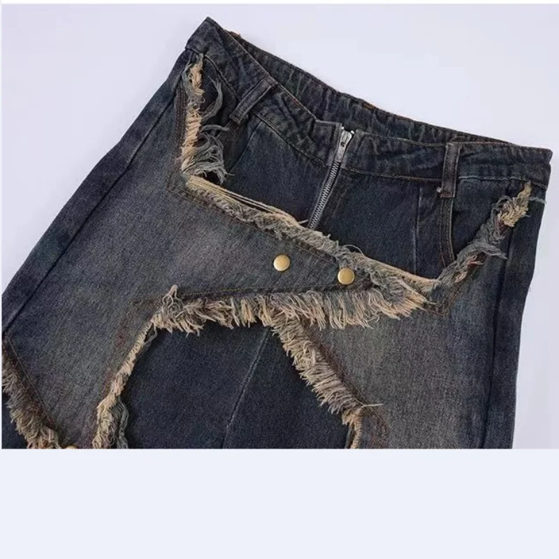 New American Vintage Washed Five-Point Star Frayed Hem Jeans for Women High Street Niche Oversized Straight Leg Long Pants 6