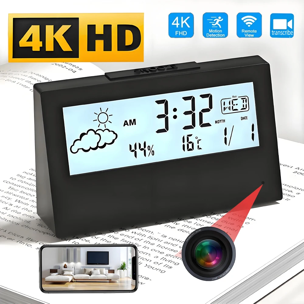Mini telecamera wireless con orologio WiFi 4K, supporta visualizzazione remota, rilevamento del movimento, archiviazione in loop, telecamera 4KHD in stile tata domestica