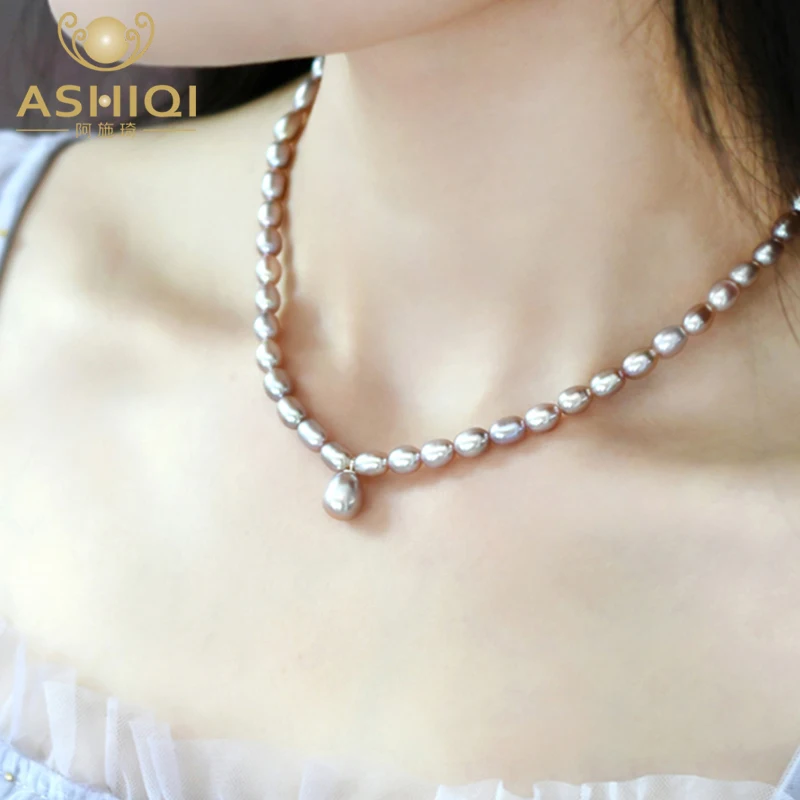 

ASHIQI Natural 5-6mm Baroque Pearl Choker Pendant Necklace 925 Sterling Silver Fashion Jewelry for Women