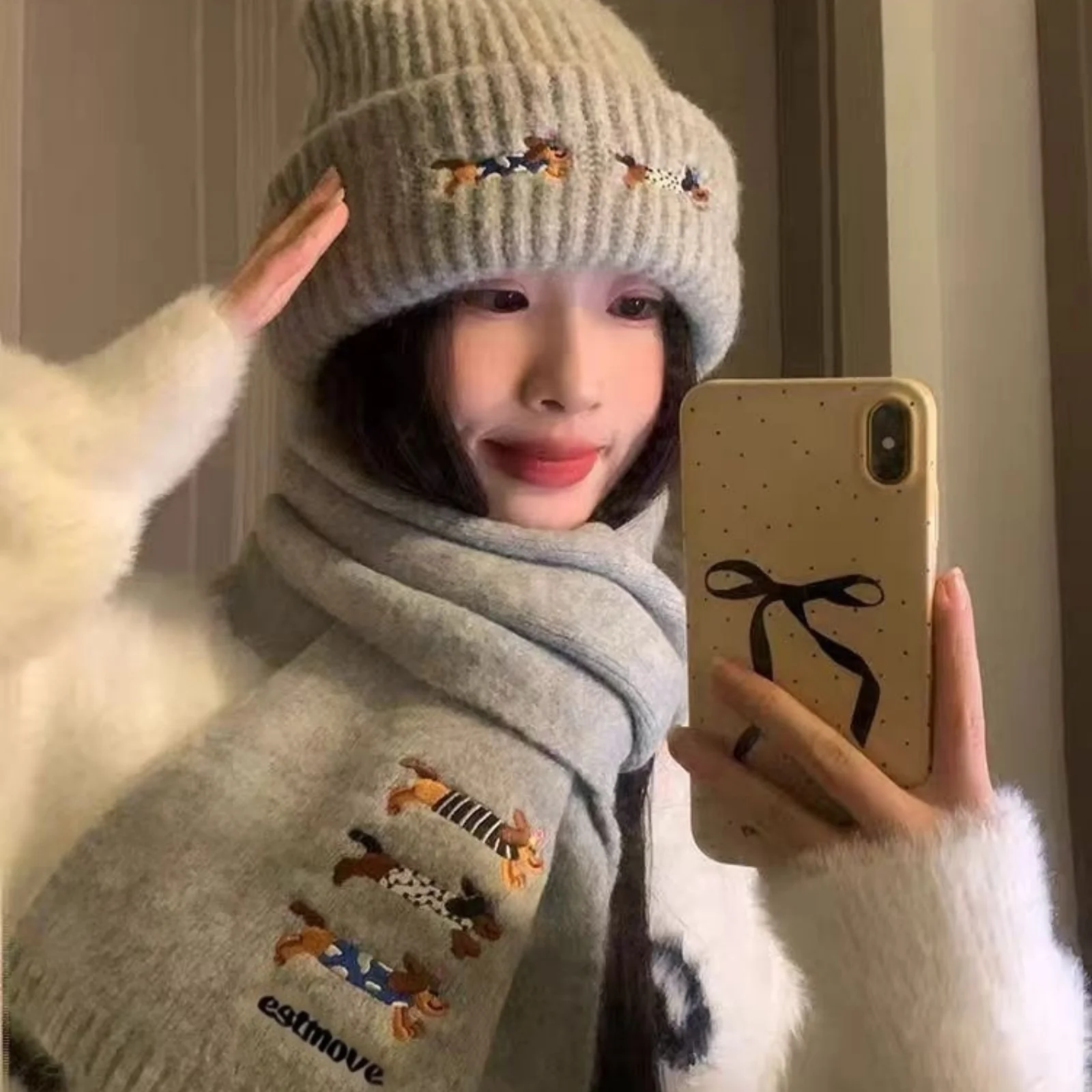 Dog Embroidery Hat Scarf Set, 2-in-1 Knit Winter Warm Set,Cute Animal Pattern Accessories, Stylish Women's Cold Weather