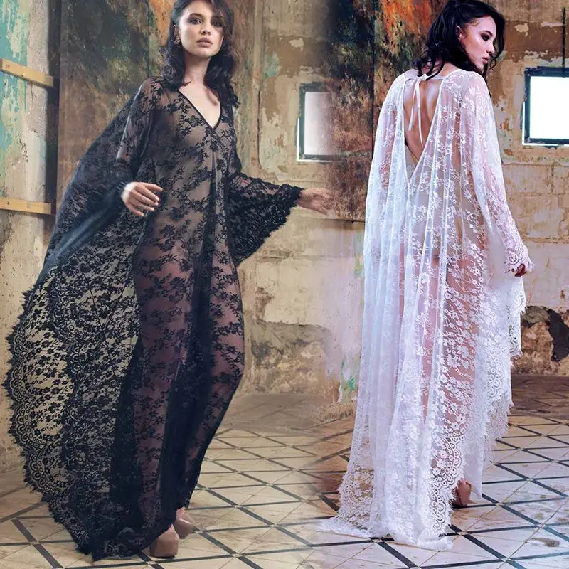 Sexy Lace Beach Bikini Cover Up Robe Pareo Beachwear Swimwear Women Dress Black White Swimsuit Hollow Out See-through Vacation 1