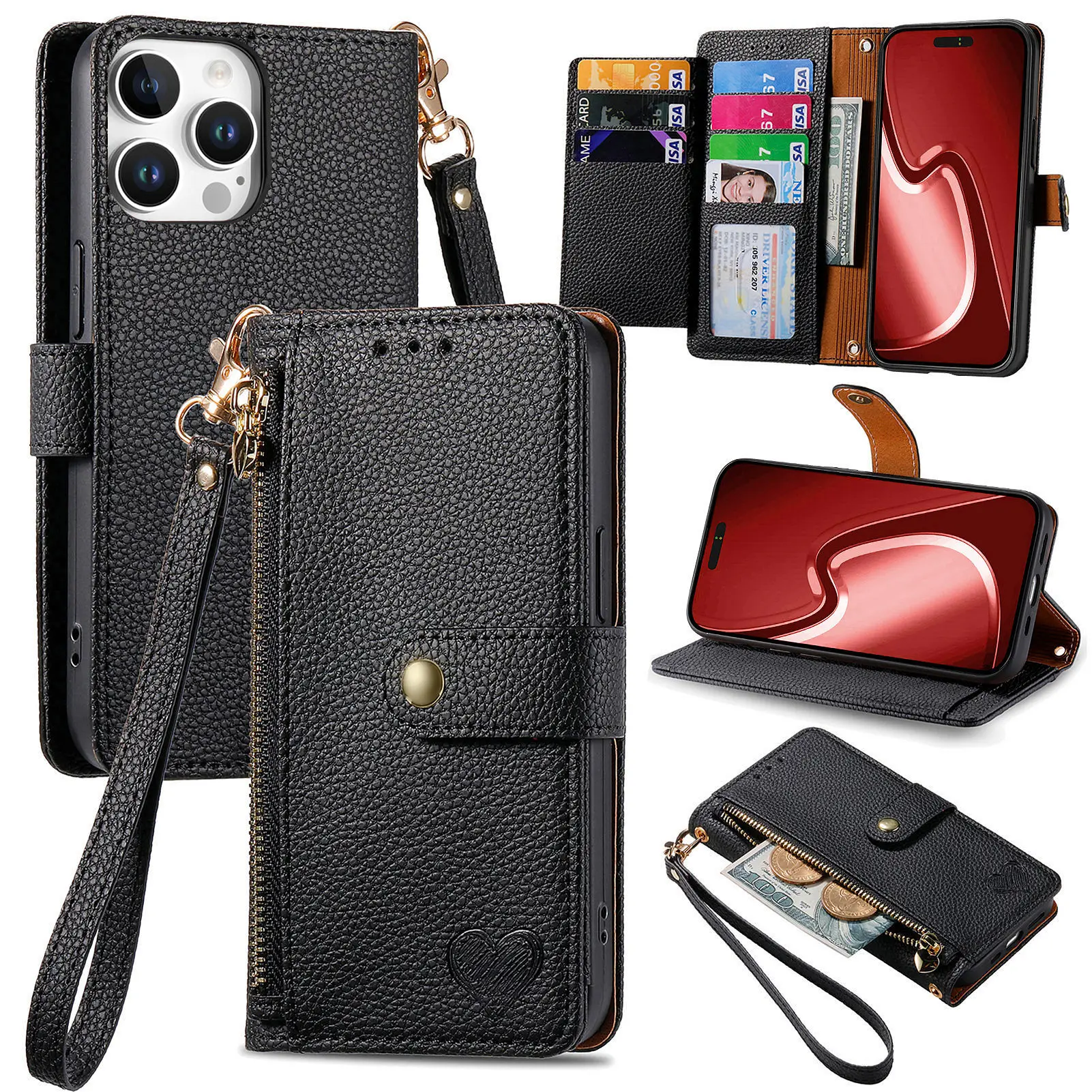 Versatile Kickstand Crossbody Wallet Case with Lanyard and Wrist Strap Featuring Card Holder Protection
