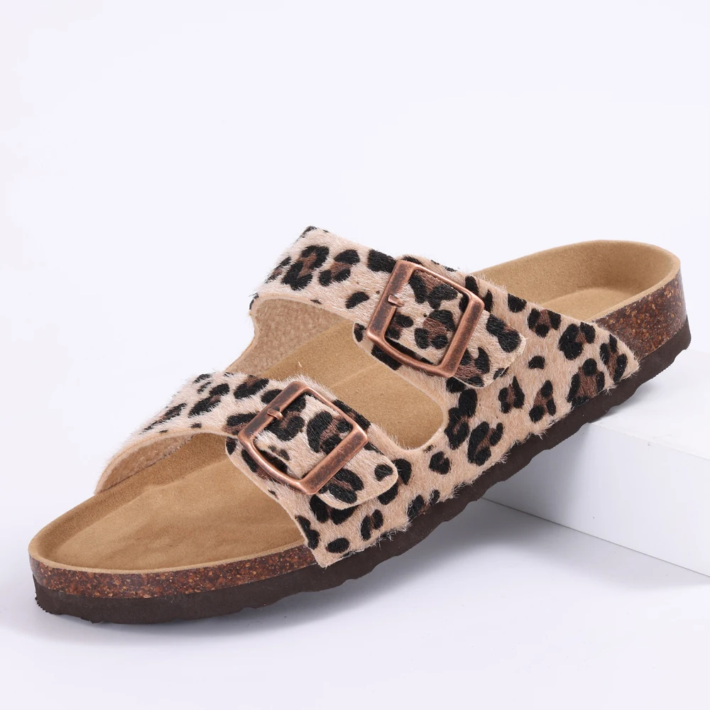Comwarm Damen-Slide-Sandalen, lässige Plateau-Sandalen mit Korkfußbett, offene Zehen, Leoparden-Slides mit verstellbarer Schnalle, flache Sandalen – Detail 5